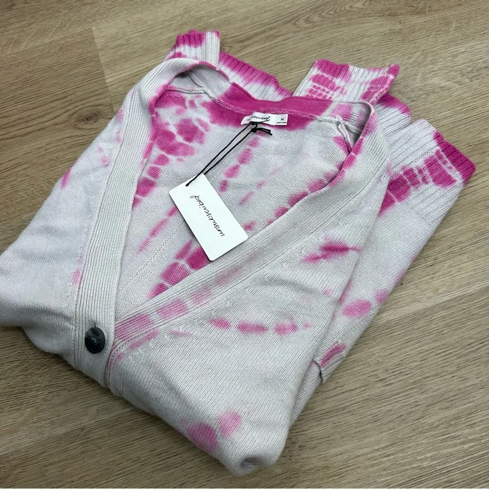 NWT Unsubscribed 100% Cashmere Pink Tie Dye Button Down Boyfriend Cardigan